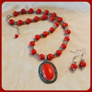 Red Ceramic Bead Necklace & Earrings Set